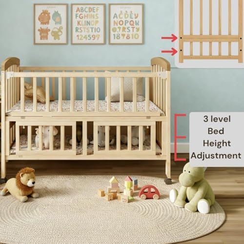 Image of FURNIFEST Wooden Baby Cot for 0 to 6 Years with Mattress and Diaper Chaging Station, Convertible Cradle Rocker with Wheels & Mosquito Net - Multifunctional Cot, Converts into Study Desk