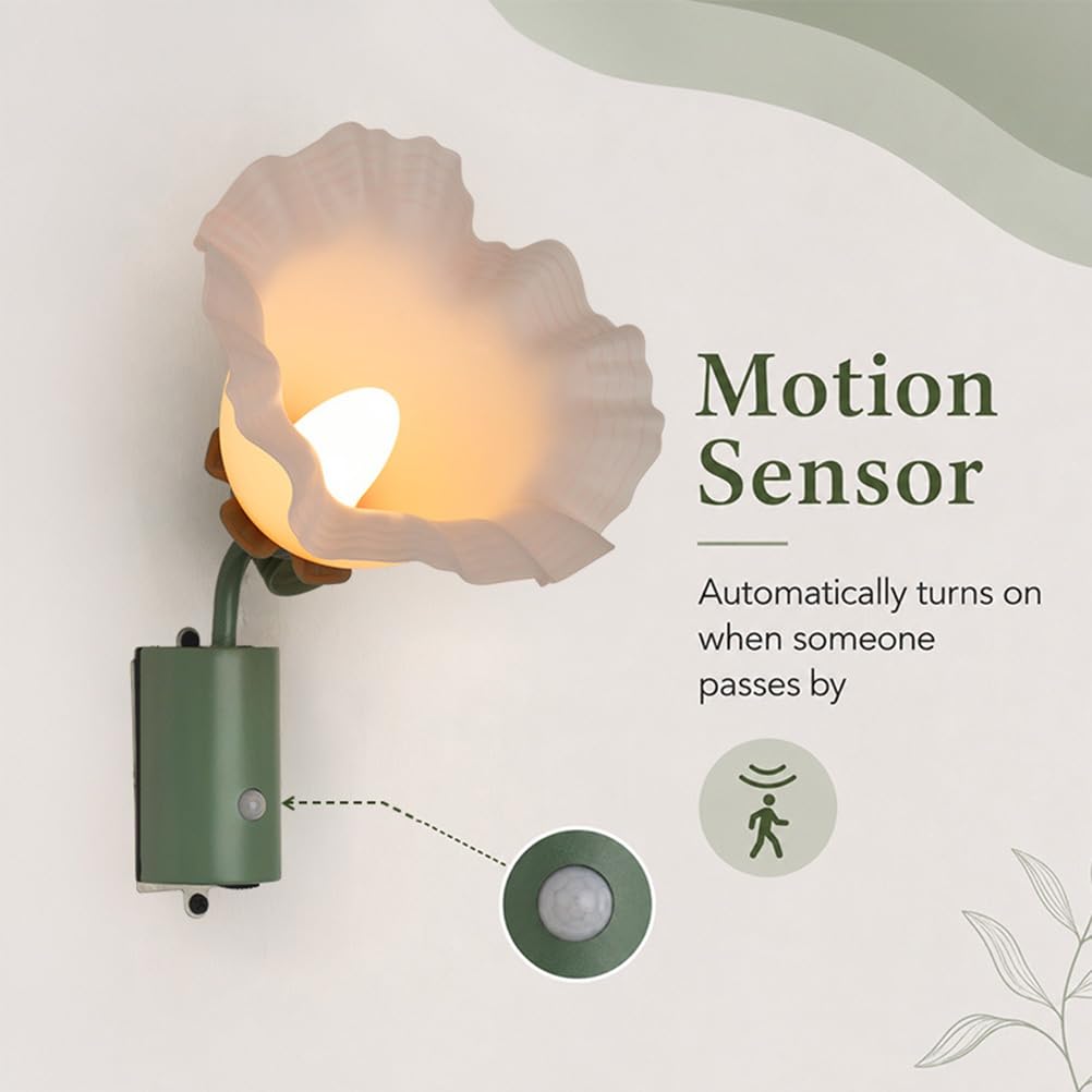 EaEa Akku Wandleuchte Innen mit Bewegungsmelder, 4000K LED Blumen Design Wandlampe Ohne Stromanschluss 3600mAh Aufladbar Batterie Wandbeleuchtung Magnetisch für Schlafzimmer Wohnzimmer Flur, Grün