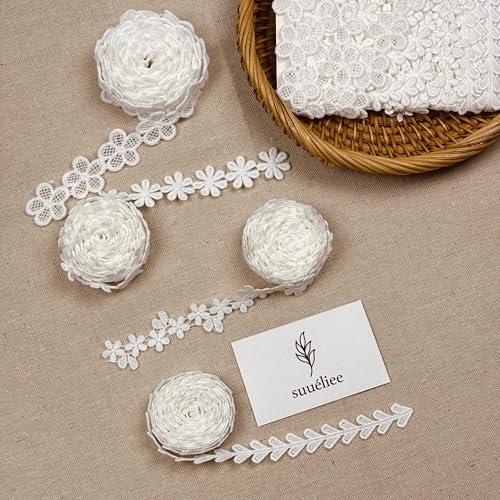 White Lace Trim Ribbon for Sewing, 8 Yards of Floral, Daisy and Heart Lace Trim with Appliques for DIY Crafts, Bouquet, Sewing, Wedding, Wrapping, Decoration - Thumbnail 7
