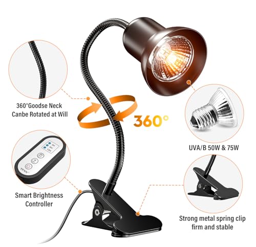 Image of TFNN Reptile Heat Lamp, Heat Lamp with Clamp, UVA UVB Reptile Light with Intelligent Cycle Timer for Turtle, Bearded Dragon, Lizard and More, 2 Bulbs 50W+75W