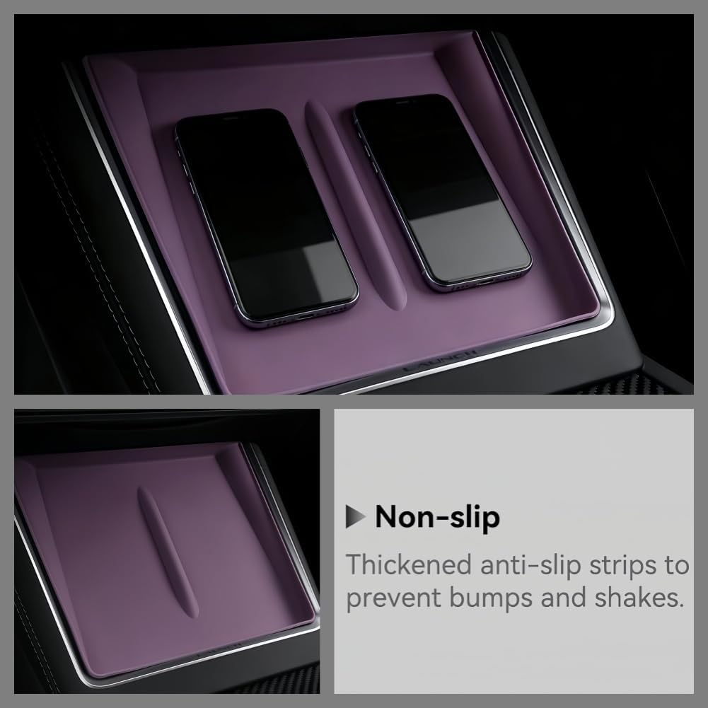 4PCS Silicone Center Console Accessories Kit for Tesla Center Console Mat Cup Holder Insert Screen Edge Protector Frame Mirror Frame Protectors (Plum Purple Model Y Juniper/3 Highland Universal)
