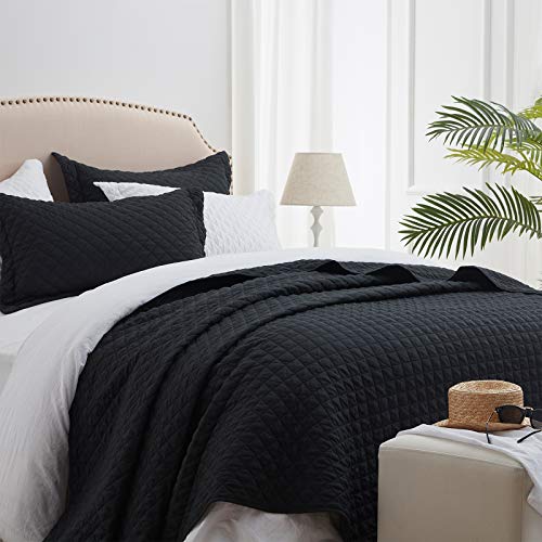 SunStyle Quilt Set Black Queen Size(90"x96"), Reversible Lightweight Diamond Quilted Design Bedspread, Soft Coverlet for All Season, 3pcs Queen Quilt Bedding Set (1 Quilt, 2 Pillow Shams)