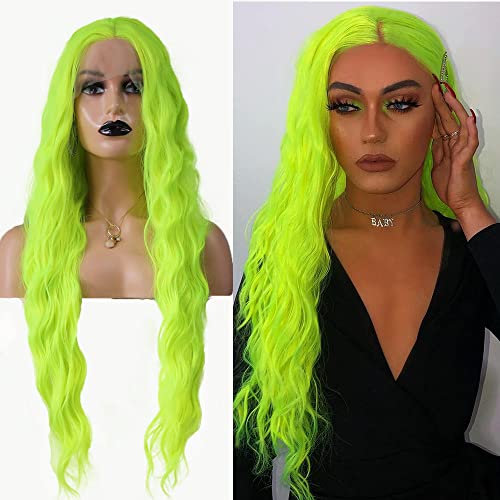 Fluorescent Green Synthetic Lace Front Wigs for WomenWavy Light Green Wig Long Curly Wavy Wig Neon Green Wig Cosplay Party Costume Use 24 inch