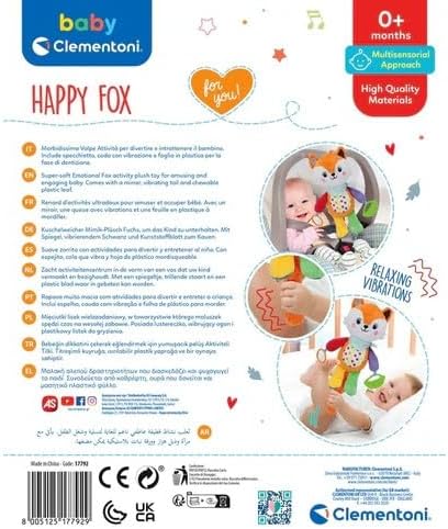 Clementoni Baby 17623 Easy-Peasy Soft Fox Travel Plush Toy for Children 0+ Months, Squeeze Rattle with Dangling Pendant, Stroller Gripper for Stroller and Car, Machine Washable
