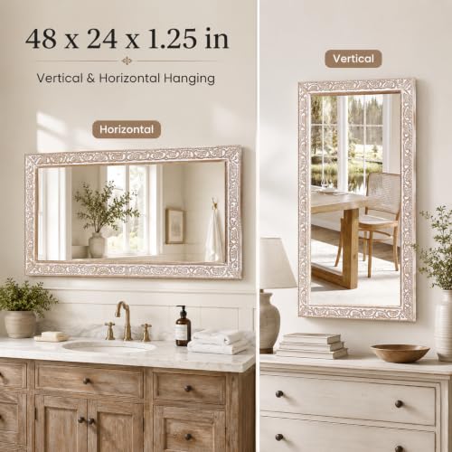 Image of Rustic Solid Wood Wall Mirror - Bathroom Vanity Mirror, Farmhouse Decorative Mirror for Home, Vertical & Horizontal Hanging, Wood Finish 48x24x1.25 inch White Antique
