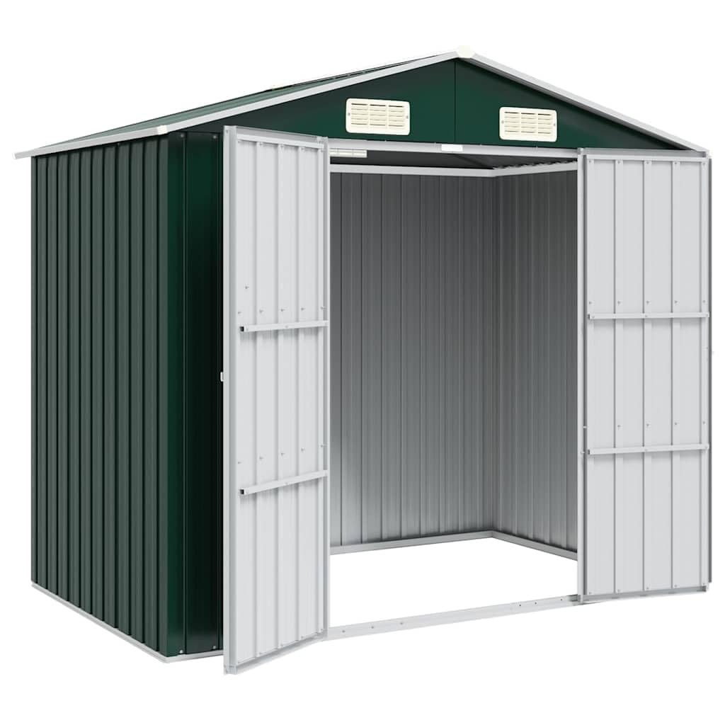 Gerätehaus Grün aus verzinktem Stahl 205x129x183 cm mit Doppeltüren, Lüftungsöffnungen und schrägem Dach für Gartenschuppen, Werkzeugraum, Fahrradschuppen, Wetterschutz und Aufbewahrung