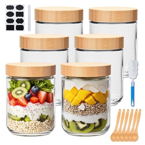 Encheng 16oz Glass Jars with Lids, Overnight Oats Containers with Bamboo Lids, Wide Mouth Glass Mason Jar Food Storage Containers for Salad,Yogurt,Meal Prep,6 Pack