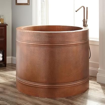 Zamuna Japanische Einweichwanne aus gehämmertem Kupfer, runde Badewanne, innen und außen handgehämmert, 109 cm, handpolierte Oberfläche