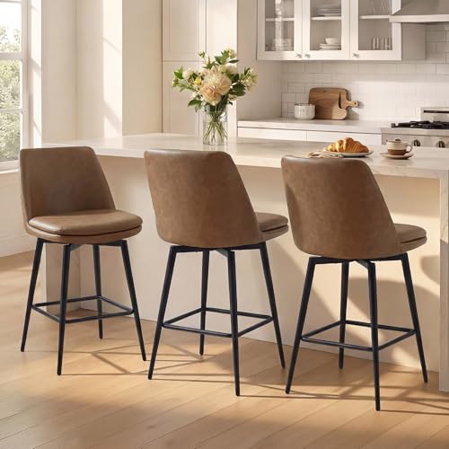 Image of CHITA Swivel Bar Stools, 27.2 inch Counter Height Bar Stools Set of 3, FSC Certified Upholstered Modern Counter Stools, Metal Legs, Faux Leather, Saddle Brown