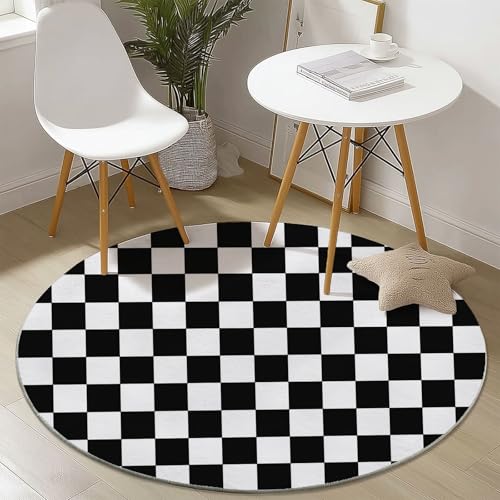 Alfombras Redondas Simple Geométrico Cuadros Imprimir Antideslizante Alfombra Redonda 90 cm para Sala de Estar Dormitorio Estudiar Entrada, Pelo Corto Lavable Alfombras Negro Blanco