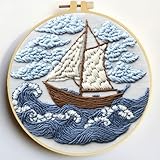 Punch Needle Kits Sailboat and Sea Embroidery Starter Set with Hoop Easy for Beginners DIY Stress Relief Handmade Craft Hobby and Home Decor 20x20cm