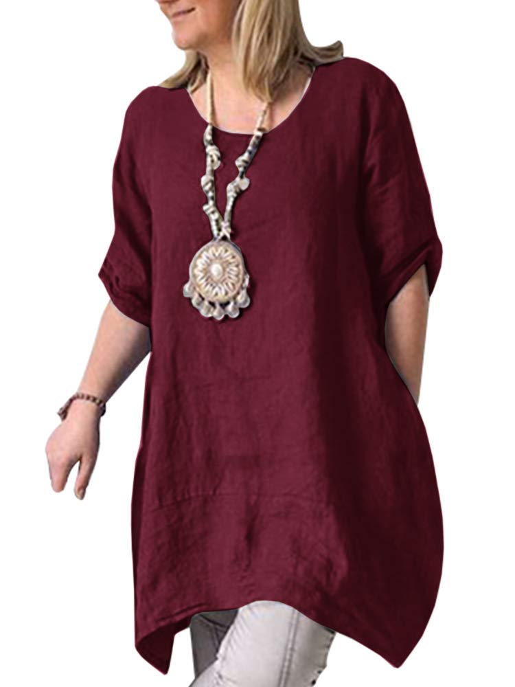 Cicy Bell Women's Cotton Linen Dress Half Sleeve Summer Loose Fit Casual Tunic Tops