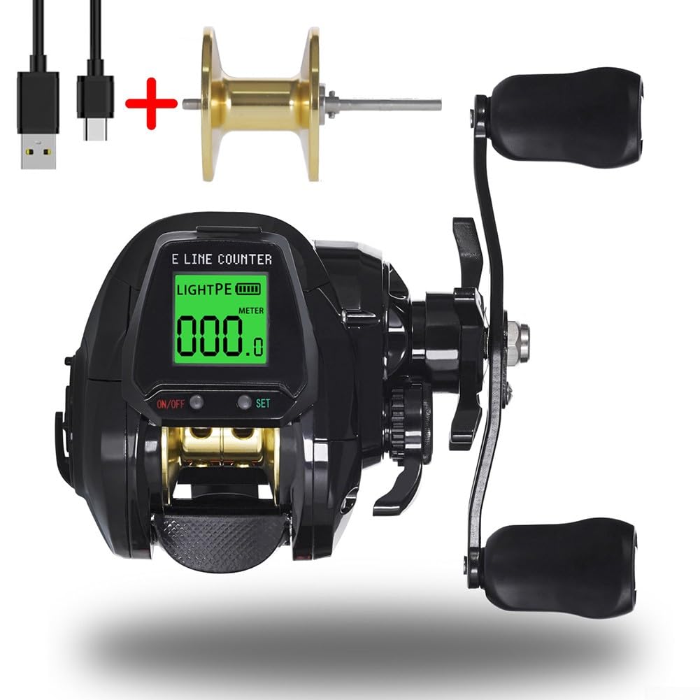 DAZZLEEX Moulinet de pêche numérique Baitcasting Main Gauche Main Droite en Option avec Position de Profondeur d'alarme de Morsure avec Bobine de Rechange (Main Droite Orange)