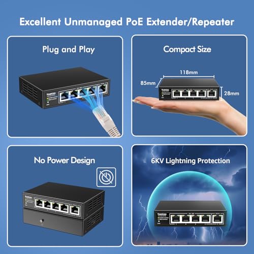 Image of YuanLey 5 Port PoE Extender Gigabit with 4 PoE Out, 90W in, IEEE 802.3af /at /bt Mini 5 Channel Switch1000Mbps, Metal Casing, 6KV Lightning Protection, Passthrough Switch, Plug and Play