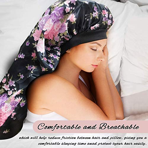 2Pcs Long Satin Bonnet Sleep Cap,Extra Large Braids Bonnets For Sleeping,Long Hair,Soft&Comfortable Elastic Band Bonnets For Women Night Sleep,Hair Bonnets For Women Satin (Black+Pink Pattern) #TOP4