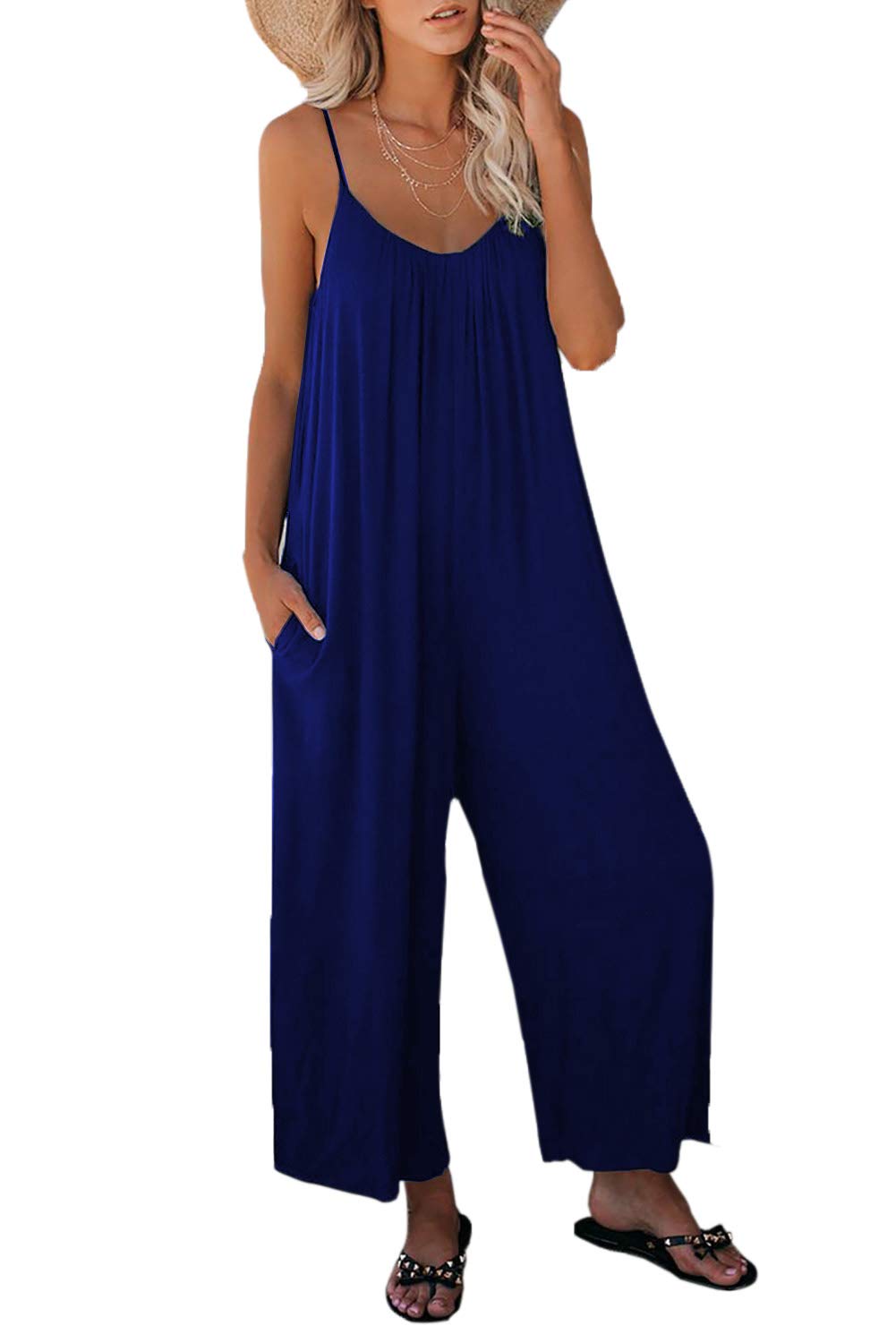 XIOLKI Happy Women Casual Sleeveless Loose Sling Jumpsuit Stretch Pants Jumpsuit with Pockets