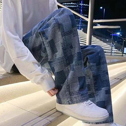 Baggy Jeans for Men Patchwork Wide Leg Denim Pants Y2K Streetwear Checkerboard Style Casual Look3