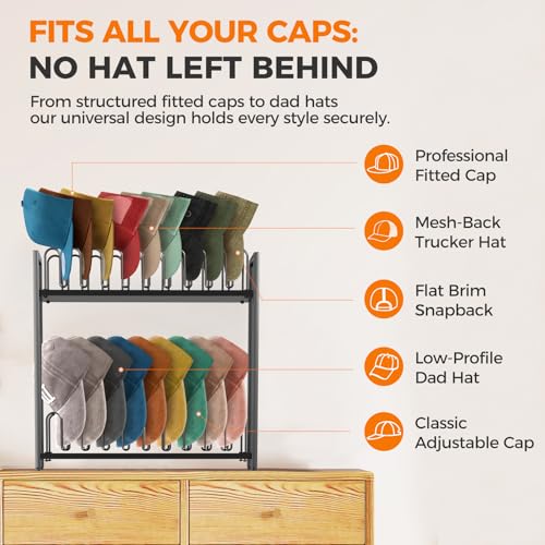 Cinati 2-Tier Hat Organizer for Baseball Caps, 2 Pack 18 Capacity Freestanding Baseball Cap Rack, Metal & Wood Hat Storage for Closet Entryway Bedroom, Black Cap Holder Stand, Gifts for Men Dad - image 5