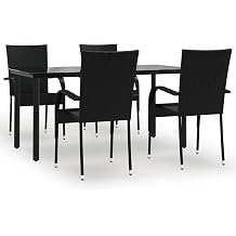 5 Piece Patio Dining Set, Black PE Wicker Outdoor Furniture with 63 Inch Tempered Glass Dining Table and 4 Stackable Rattan Chairs for Backyard, Garden, and Balcony