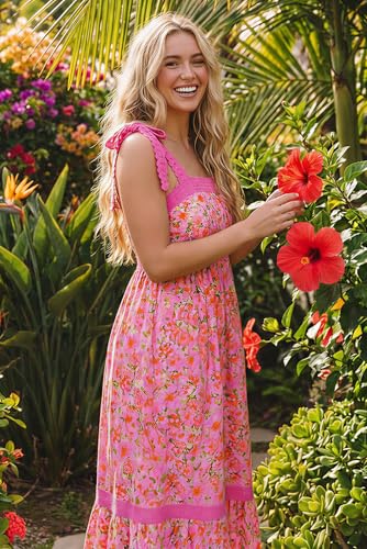 Image of Opemiby Womens Maxi Dress Spring Summer Sleeveless Lace Strap Empire Waist A Line Side Pockets Beach Casual Long Dresses