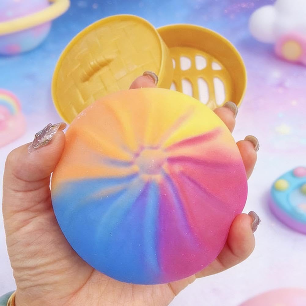 Colorful Dumpling Squishes Stress Balls with Steamer, Cute Anxiety Relief Toy, Soft Squeeze Decompression Dough for Adults, Simulation Food Squishies Bun (Glitter White, 1pcs) — view 6