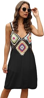 Showday Sleeveless Cover Up Swimwear Bohemia Stitching Beach Dress Sun Set Cover Up with Colorful Pattern, V-Neck, and Hollow Detailing Tunic Dress Pull Over Cash Mayo For Women