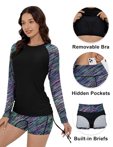 Women Two Piece Rash Guard Swimsuits Long Sleeve Built in Bra Swim Shirt UPF 50+ Bathing Suits with Boyshorts4