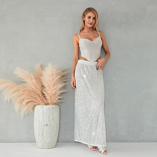 Women's Elegant Sparkly Sequins Midi Skirts Elastic Waist Shiny Glitter Slim Casual Pencil Formal Party Skirt2
