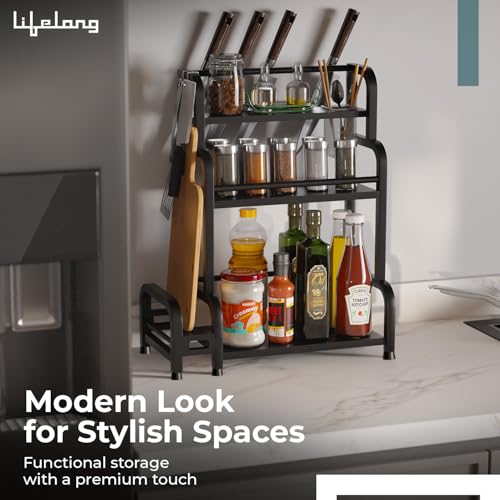 Image of Lifelong Kitchen Storage Spice Rack - 3-Tier Steel Kitchen Organizer Rack, Countertop Shelf for Spices, Utensils, Bottles & Condiments | Multipurpose Kitchen Rack Stand & Organizer, Black