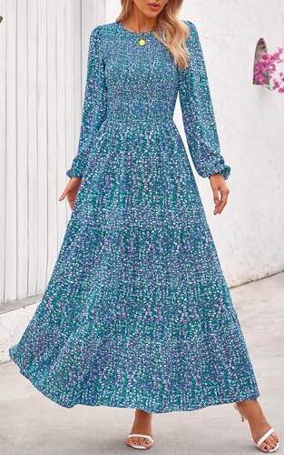 Image of PRETTYGARDEN Women's Fall Dresses 2026 Long Sleeve Flowy Casual Floral Maxi Dress Crew Neck Smocked Tiered Long Dress