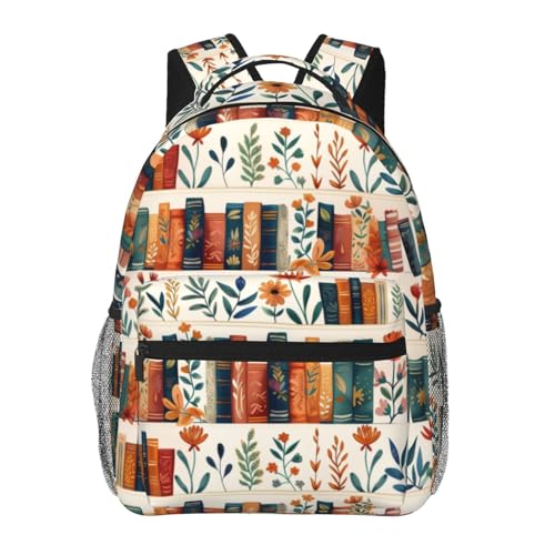TRYYN Book and Flower Casual Backpack, Lightweight Laptop Bag Daypack, Colorful Bookshelf and Floral Backpacks for Women Men Teens Students, Cream Polyester Bookbag Gifts for School Work Travel Hiking