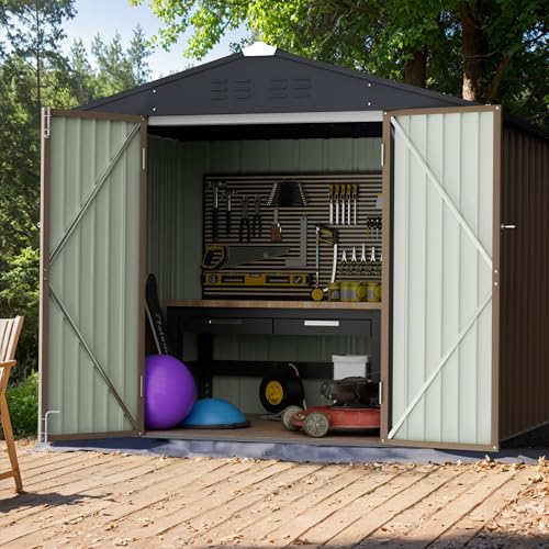 Image of GUNJI 8 x 6 FT Shed Outdoor Storage Shed Metal Garden Shed with Lockable Door Outside Waterproof Tool Shed for Backyard, Patio, Lawn (Brown)