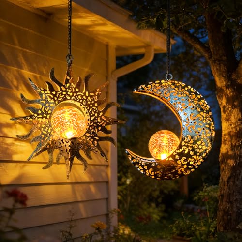 QCF Solar Hanging Sun and Moon Lights Garden Outside Decor 2 Pack Metal Lanterns Outdoor Sunflower Art Decorations for Porch Backyard Patio Wall Tree Unique Gardening Gifts for Women Mom Grandma
