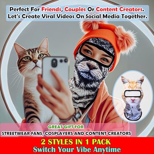 Image of 2 Pack 3D Cat Ski Mask with Ears - Funny Animal Balaclava Shiesty for Cosplay, Winter Festivals, Halloween, Outdoor Activities - Breathable Face Cover for Men & Women