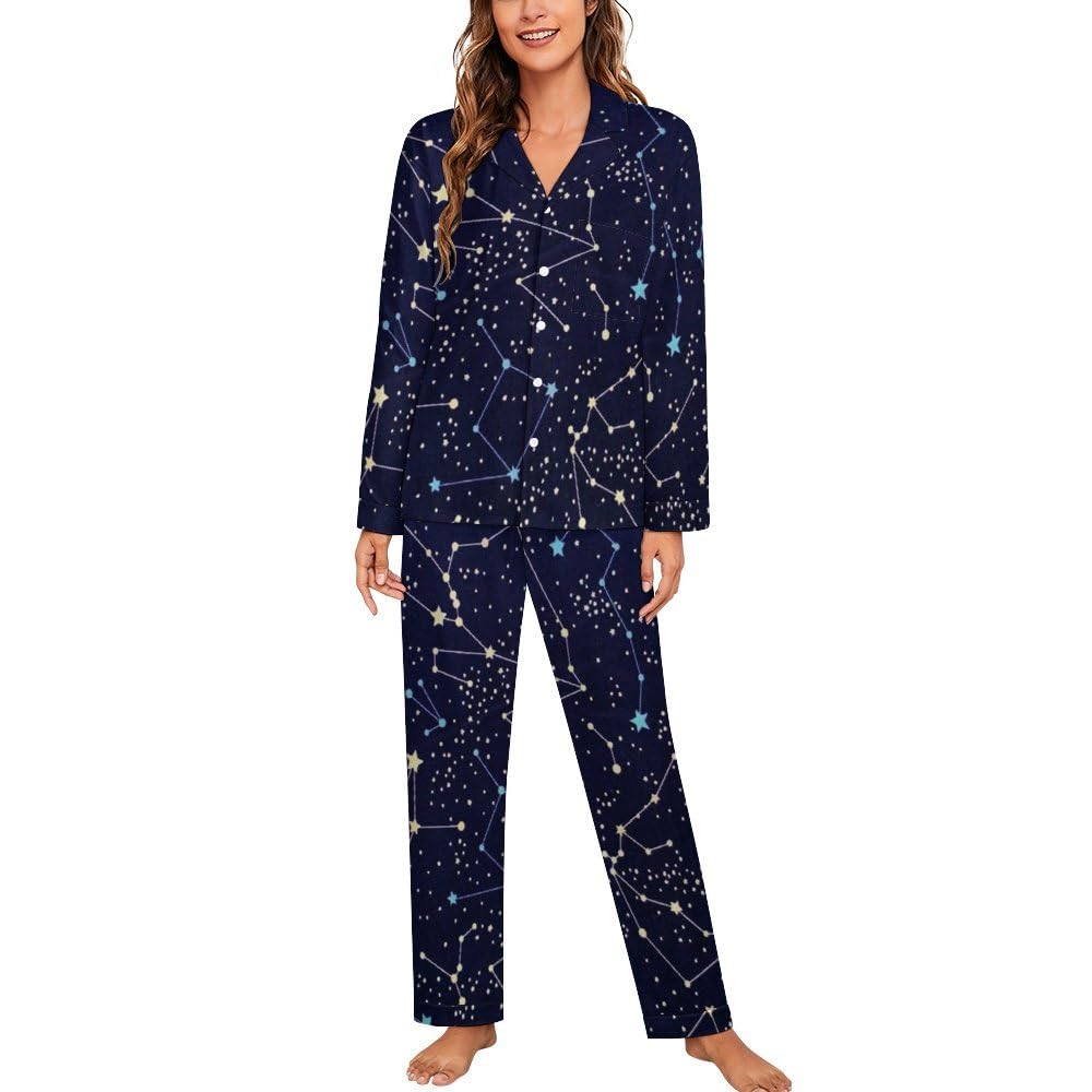 Cmagnifico Women's Glow In The Dark Constellations Midnight Sleepwear, Pyjama Sets, Long Sleeve Loungewear With Pockets