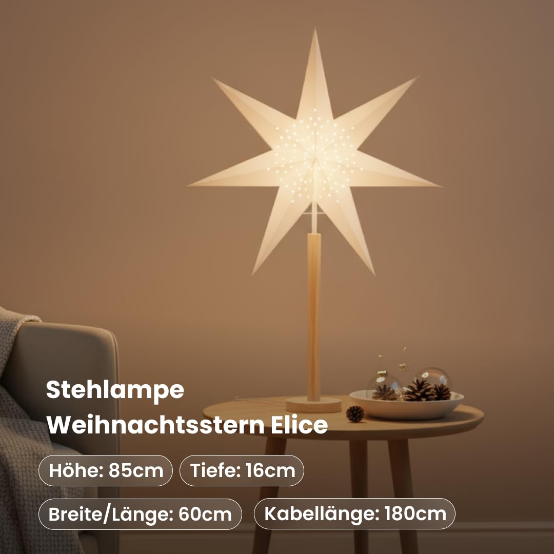 Stehlampe Weihnachtsstern Elice von Star Trading, 3D Papierstern Weihnachten mit Holz-Fuß in Natur, Dekostern Stehleuchte mit Kabelschalter, E14, Höhe: 85 cm
