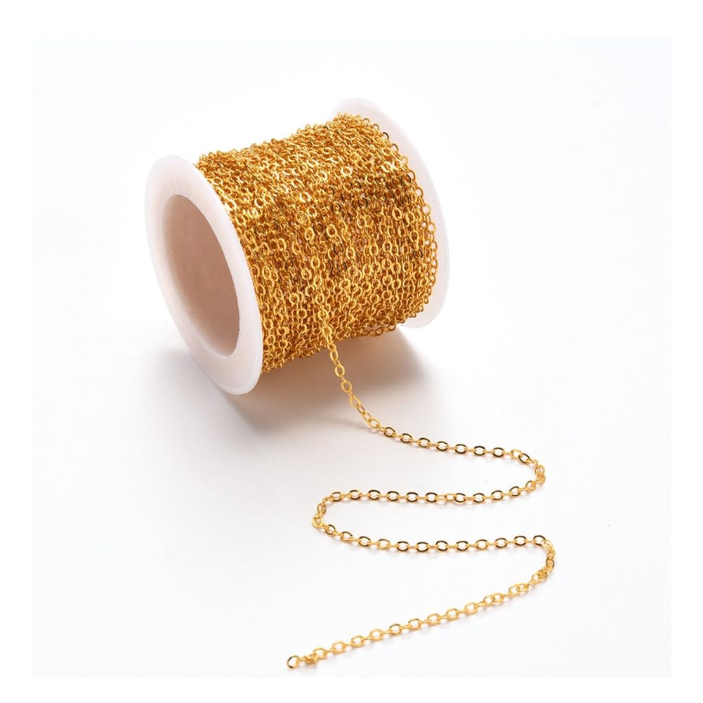 Yurosiay 10 m x 1.8 mm Copper Link Chain Jewellery Chains Craft Metal Cross Cable Chains with Spool DIY Curb Chain Jewellery Chains for Crafts Link Chain Roll for Jewellery Making Gold