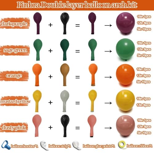 Image of Retro Balloon Garland Double Stuffed Dusty Pink Orange Mustard Yellow Sage Green Purple Fall Balloon Arch Kit for Birthday Baby Shower Festival Thanksgiving Party Decorations