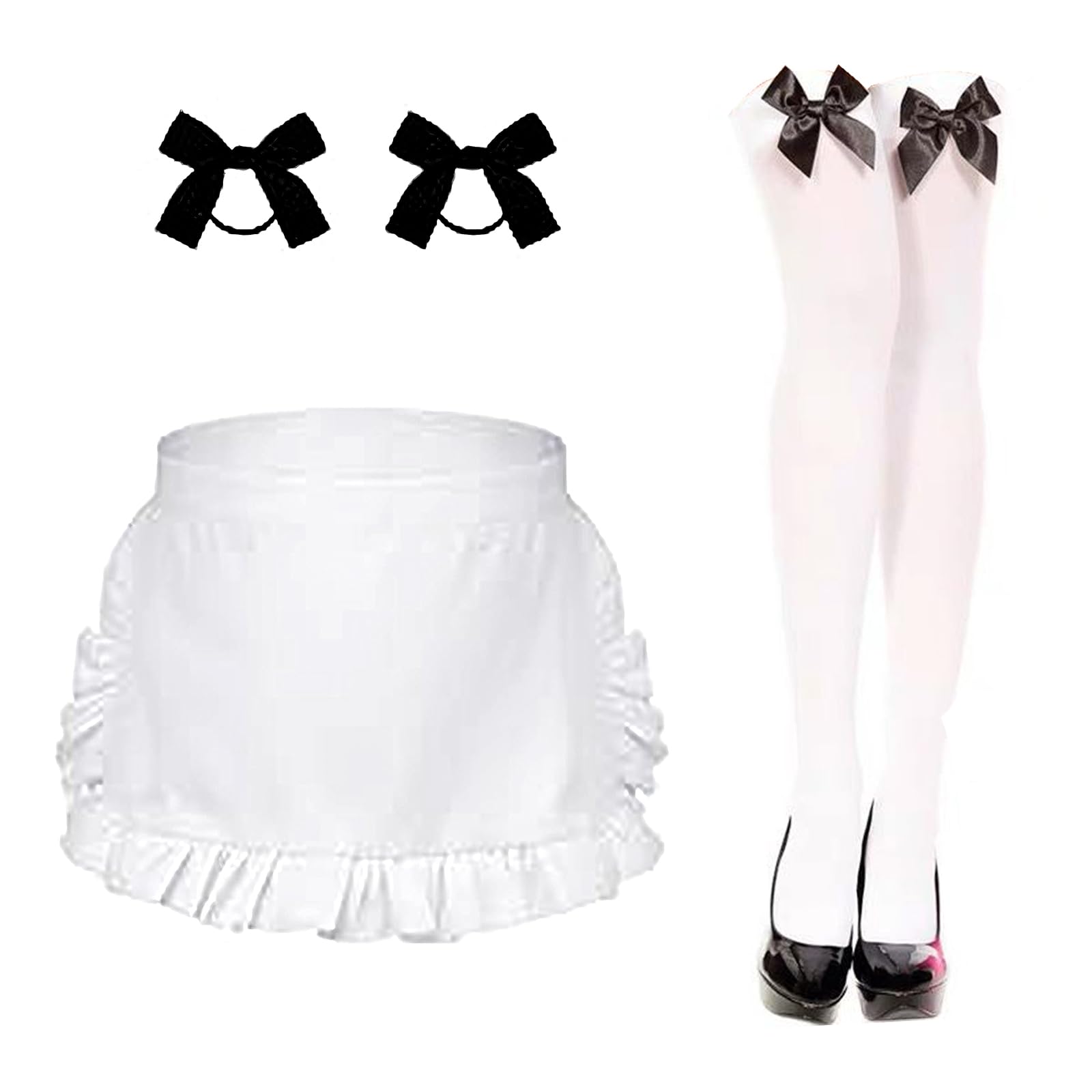 4 Pieces Womens Oktoberfest Costume German Bavarian Beer Dress Up Outfits Bow Hair Ties Apron Over-knee Socks for Oktoberfest Halloween Party