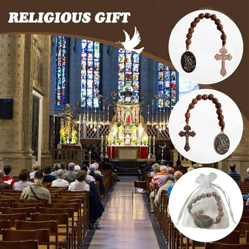 Image of Bovemee Saint Benedict Medal Prayer Pocket Rosary Catholic Brown Wood Beads with Medalla de san benitol and Crucifix, 9 Inch