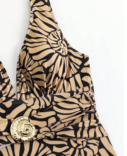 Women Sexy Deep V-Neck Ruched Gold Deco Swimsuit Vintage Stretchy Open Back Bikini Sets with Swim Dress3