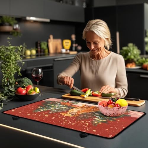 Image of Christmas Tree Dog Stove Top Cover for Electric Insulation Rubber Countertop Pad with Two Hooks Extra Large Counter Silicone Mat with Two Hook Easy to Clean Christmas Decor