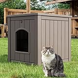 LHBcraft Outdoor Cat House Weatherproof Insulated for Winter Outside, Feral Cat Houses for Outdoor Indoor Cats Shelter, Durable Resin Shelter for Garden, Patio, Easy to Assemble Grey