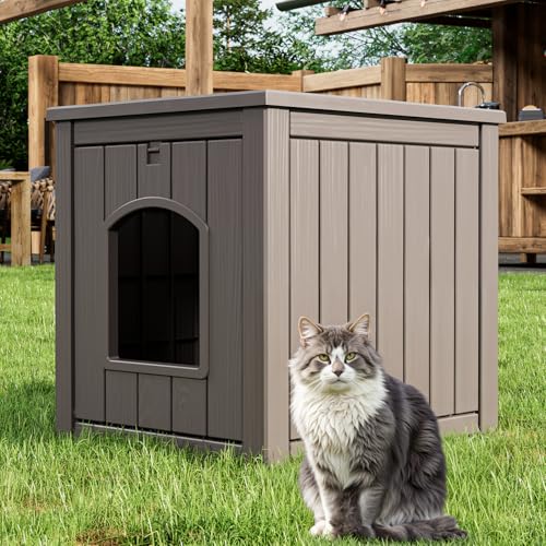 LHBcraft Outdoor Cat House Weatherproof Insulated for Winter Outside, Feral Cat Houses for Outdoor Indoor Cats Shelter, Durable Resin Shelter for Garden, Patio, Easy to Assemble Grey