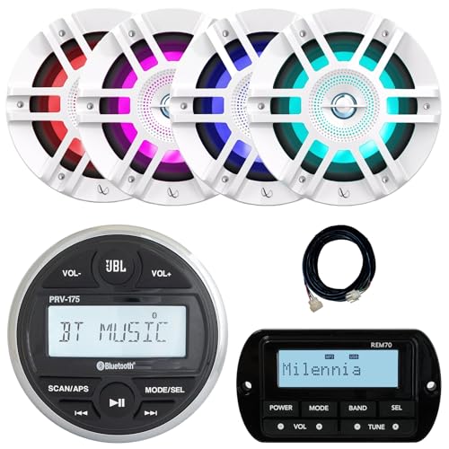 JBL PRV-175 Marine Gauge Hole Mount USB Bluetooth AM/FM Digital Stereo Receiver, Wired Remote, 20-Foot Extension Cable, 4x 6.5