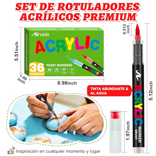 Image of Allinside Acrylic Paint Markers, 36 Colors Soft Brush Tip Paint Pens, Waterproof Quick Dry Acrylic Markers for Rock Painting Wood Canvas Glass Fabric Stone Egg DIY Art Crafts Supplies