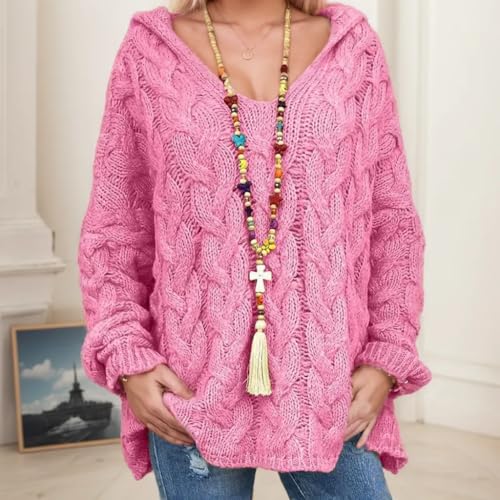 Women's Cable Knit Sweater Casual Loose V-Neck Long Sleeve Oversized Hooded Pullovers Fall Winter Warmth Solid Tops2