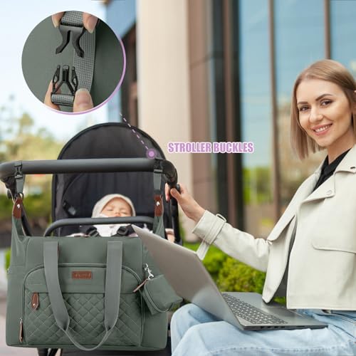 Image of Tuwubi Diaper Bag Tote,Baby Diaper Bag with Pacifier Case Large Travel Diaper Tote Caddy for Mom and Dad Multifunction Baby Bag - M-Olive Green