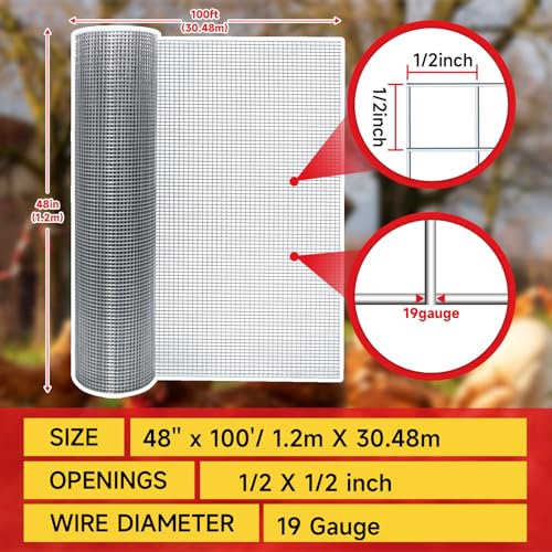 Hardware Cloth,1/2inch 48inx100ft 19 Gauge,Double-Layer Hot-Dip Galvanizing After Welding,Chicken Wire Fence Wire Mesh Fence Poultry Netting Garden Fence Tree Guard Rolls Chicken Coop Accessories