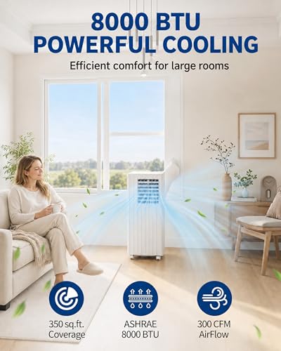 Image of 8,000 BTU Portable Air Conditioners, Cools Room Up to 350 Sq.Ft, 4-in-1 AC Unit with Dehumidifier & Fan Mode, Remote Control, Ultra-Quiet 50dB, White & Black, Easy Window Kit